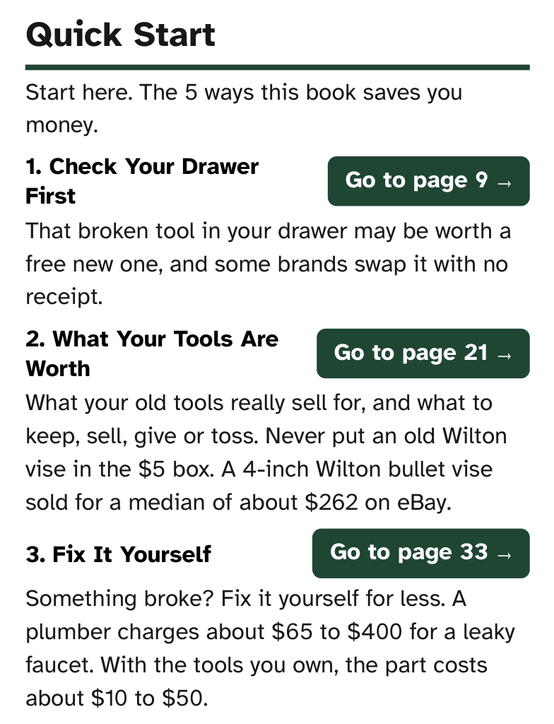Book page, Quick Start: the ways the book saves you money, each with its page number: Check Your Drawer First; What Your Tools Are Worth, where a 4-inch Wilton bullet vise sold for about $262; and Fix It Yourself, where a plumber charges about $65 to $400 for a leaky faucet and the part costs about $10 to $50