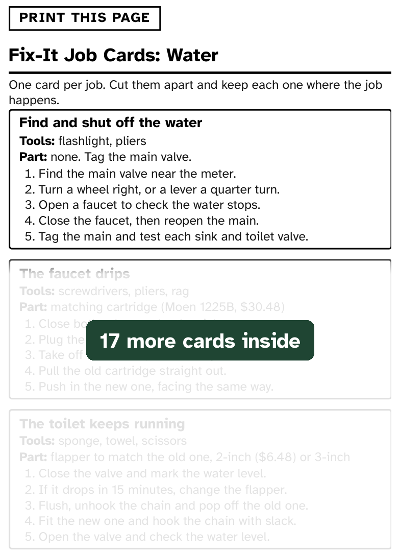 Printable page, Fix-It Job Cards: the first card, Find and shut off the water, with its tools, part and five steps. The other cards are faded; 17 more are in the book